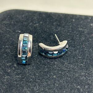Silver Tone Half Hoop Earrings with Blue Stones